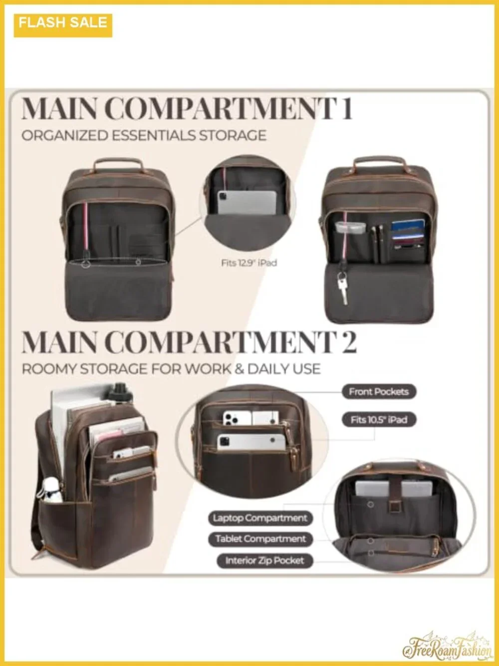 Men's Full Grain Crazy Horse Leather Laptop Backpack Anti-Theft USB Travel Work